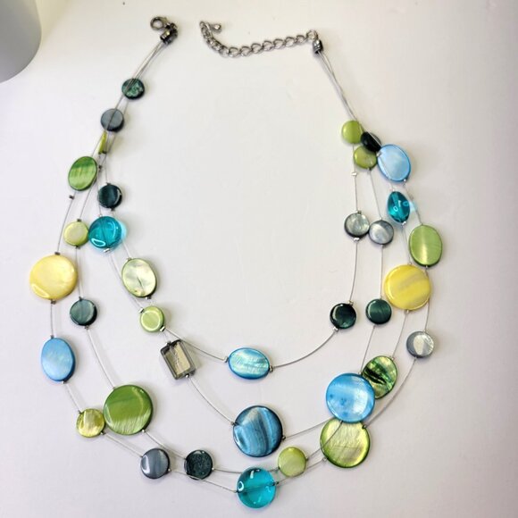 Floating Bead Necklace with Blue and Green Flat Round Discs - Picture 2 of 6
